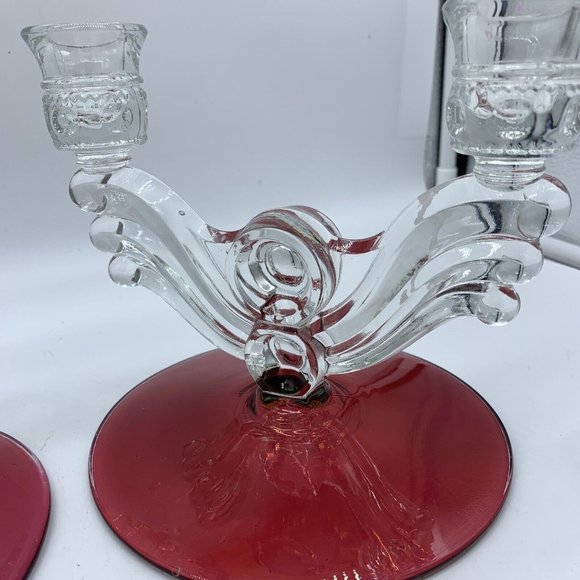 2 Tiffin-Franciscan King's Crown-Ruby Flashed  Double Light Candlestick Holders - Picture 6 of 10